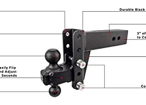 Bulletproof Hitches 3.0" Adjustable Extreme Duty (36,000lb Rating) 4" Drop/Rise Trailer Hitch with 2" and 2 5/16" Dual Ball (Black Textured Powder Coat, Solid Steel)