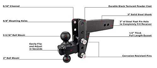 Bulletproof Hitches 3.0" Adjustable Extreme Duty (36,000lb Rating) 4" Drop/Rise Trailer Hitch with 2" and 2 5/16" Dual Ball (Black Textured Powder Coat, Solid Steel)