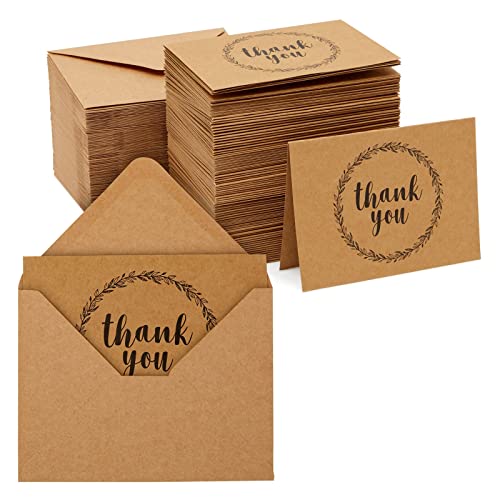 Best Paper Greetings 120 Pack Bulk Thank You Cards with Envelopes, Blank Kraft Paper Notes with V-Flap Envelopes for Wedding, Graduation, Baby Shower, Business, Funeral, Birthday (3.5x5 in)