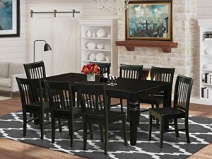 east west furniture 9 pc dining set with a dining table and 8 wood dining chairs in black