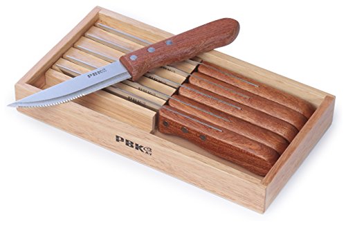 PBKay Wooden Steak Knife Set/Premium Stainless steel Knives with Rosewood Handle and Gift Box (set of 6)