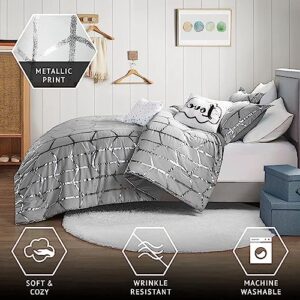 Intelligent Design Raina Comforter Microfiber Metallic Print Geometric Design Embroidered Toss Pillow Modern Trendy Casual All Season Bedding Set Matching Sham, King/Cal King, Grey/Silver 5 Piece