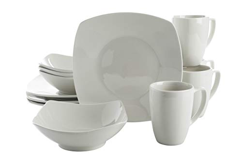 Gibson Home Amelia Court Porcelain Dinnerware set, Service for 4 (12pcs), White (Soft Square)