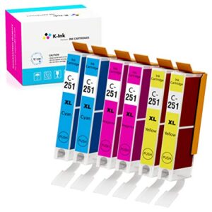 k-ink compatible ink cartridge replacement for canon cli-251 cli 251 xl (2 cyan, 2 yellow, 2 magenta)