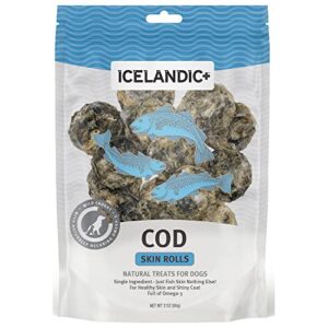 Icelandic+ Plus: Cod Skin Rolls Dog Treat, 3-oz Bag, 100% Edible and Digestible, No Additives, No Preservatives or Supplements, Full of Omega-3 for Healthy Skin and Shiny Coat