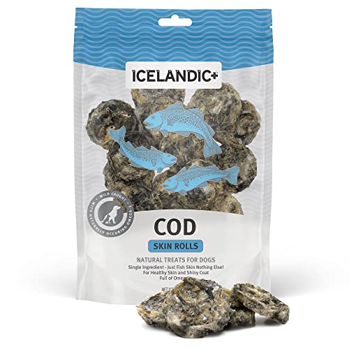 Icelandic+ Plus: Cod Skin Rolls Dog Treat, 3-oz Bag, 100% Edible and Digestible, No Additives, No Preservatives or Supplements, Full of Omega-3 for Healthy Skin and Shiny Coat