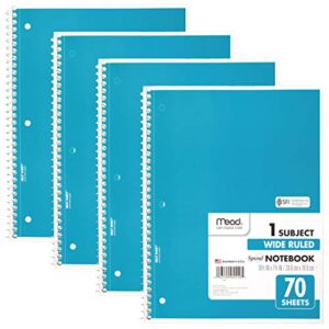 mead spiral notebooks, 1 subject, wide ruled paper, 70 sheets, 10-1/2 x 7-1/2 inches, blue, 4 pack (38400)
