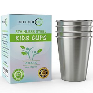 chillout life stainless steel cups for kids and toddlers 8 oz - stainless steel sippy cups for home & outdoor activities, bpa free healthy unbreakable premium metal drinking glasses (4-pack)