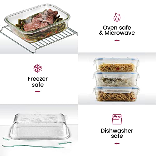 FineDine Glass Meal Prep Containers with Lids - Set of 3 Square 28 Oz Containers - Airtight, Leakproof, Microwave & Dishwasher Safe - Perfect for Snacks, Dips, and Meal Prep (Pink)