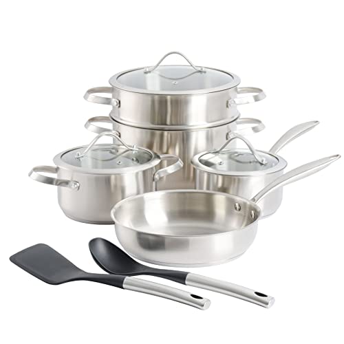 Kenmore Aiden 10 Piece Brushed Stainless Steel Pots and Pans Cookware Set with Kitchen Tools