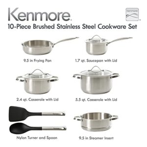Kenmore Aiden 10 Piece Brushed Stainless Steel Pots and Pans Cookware Set with Kitchen Tools