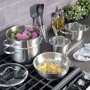 Kenmore Aiden 10 Piece Brushed Stainless Steel Pots and Pans Cookware Set with Kitchen Tools