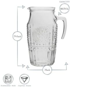 Bormioli Rocco Romantic, Elegant Floral Glass Pitcher, 60.75 oz, Made In Italy.