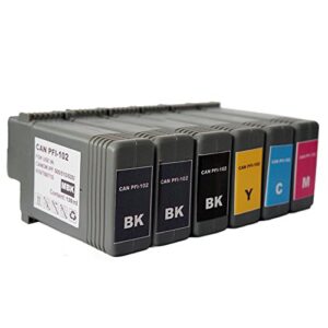 colour-store compatible replacements for canon pfi-102 set of 6 inkjet cartridges includes: 1 pf-102bk black, 2 pf-102mbk matte black, 1 pf-102c cyan, 1 pfi-102m magenta, and pfi-102y yellow (130 ml)