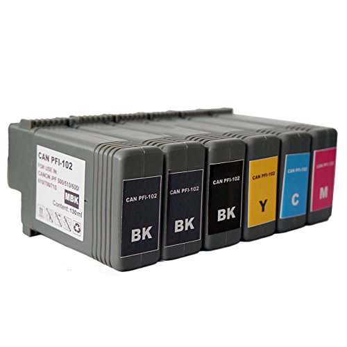 Colour-Store Compatible Replacements for Canon PFI-102 Set of 6 Inkjet Cartridges Includes: 1 PF-102BK Black, 2 PF-102MBK Matte Black, 1 PF-102C Cyan, 1 PFI-102M Magenta, and PFI-102Y Yellow (130 ml)