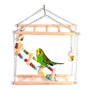 Ladder Bird Toy, Wooden Rainbow Bridge Steps Stairs Climbing Swing Double-Layer Toys for Pet Hamster Parakeet Budgie Cockatiel Trainning