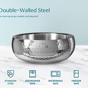 KooK Double-Walled Serving Bowl, Hammered Insulated Stainless Steel, For Hot and Cold Foods, Salads, Soups, Fruit, Large 1.05 Gal Capacity, Silver, 11 Inch