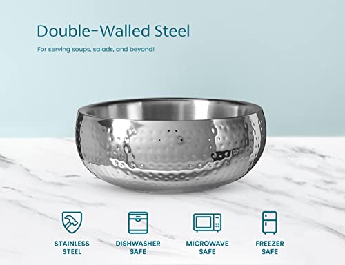 KooK Double-Walled Serving Bowl, Hammered Insulated Stainless Steel, For Hot and Cold Foods, Salads, Soups, Fruit, Large 1.05 Gal Capacity, Silver, 11 Inch