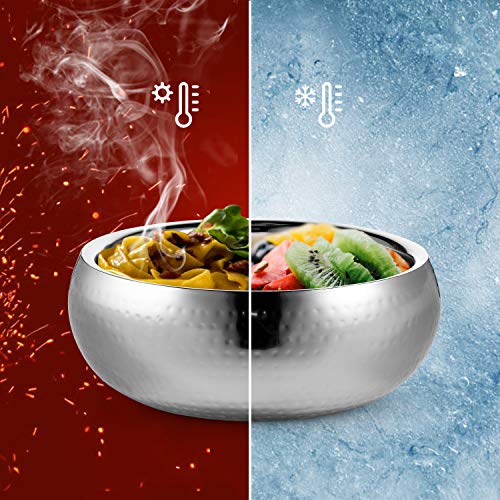 KooK Double-Walled Serving Bowl, Hammered Insulated Stainless Steel, For Hot and Cold Foods, Salads, Soups, Fruit, Large 1.05 Gal Capacity, Silver, 11 Inch
