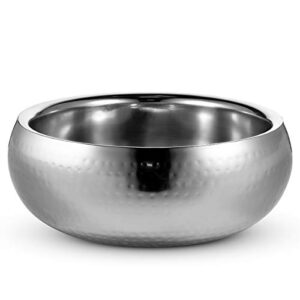 KooK Double-Walled Serving Bowl, Hammered Insulated Stainless Steel, For Hot and Cold Foods, Salads, Soups, Fruit, Large 1.05 Gal Capacity, Silver, 11 Inch