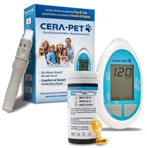 cera-pet pet blood glucose monitoring kit for cats & dogs, starter pack, meter, 25 strips & lancets, lancing device, case, switchable (mg/dl or mmol/l), pet, vet diabetic supplies
