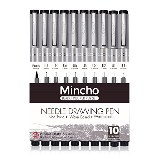 Set of 10 Black Micro-Pen Fineliner Ink Pens, Anti-Bleed & Waterproof Archival ink,Brush & Calligraphy Tip Nibs - Artist Illustration, Office Documents, Scrapbooking, Technical Drawing