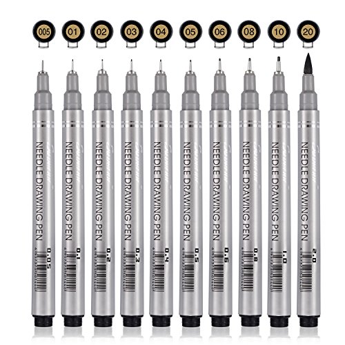 Set of 10 Black Micro-Pen Fineliner Ink Pens, Anti-Bleed & Waterproof Archival ink,Brush & Calligraphy Tip Nibs - Artist Illustration, Office Documents, Scrapbooking, Technical Drawing