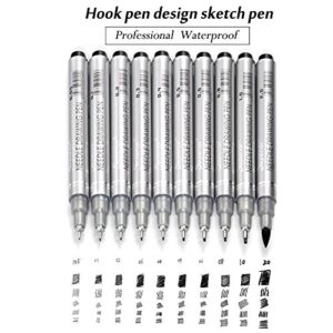 Set of 10 Black Micro-Pen Fineliner Ink Pens, Anti-Bleed & Waterproof Archival ink,Brush & Calligraphy Tip Nibs - Artist Illustration, Office Documents, Scrapbooking, Technical Drawing