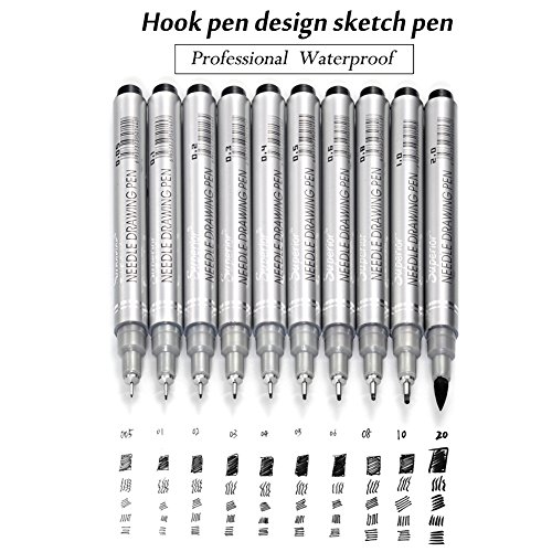 Set of 10 Black Micro-Pen Fineliner Ink Pens, Anti-Bleed & Waterproof Archival ink,Brush & Calligraphy Tip Nibs - Artist Illustration, Office Documents, Scrapbooking, Technical Drawing