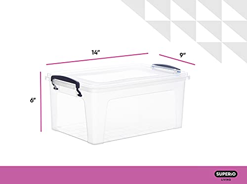 Superio Clear Storage Bin with Lid, Stackable Plastic Deep Storage Latch Box with Snap Lock Closure (9.5 Quart)