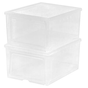 IRIS USA 2 Pack Shoe Storage Box, Clear Plastic Stackable Shoe Organizers for Closet, Space Saving Drop Front Sneaker Containers, Wide