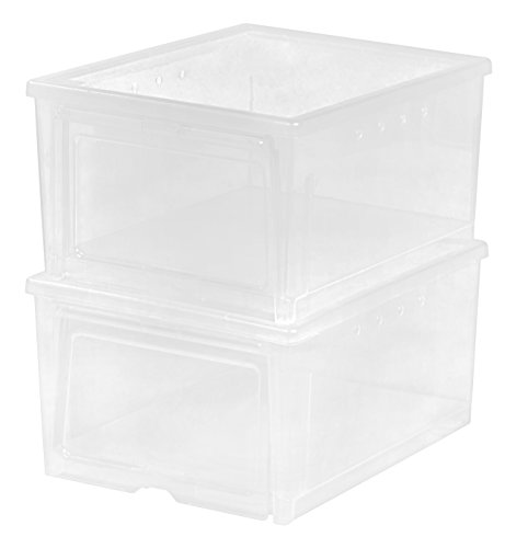 IRIS USA 2 Pack Shoe Storage Box, Clear Plastic Stackable Shoe Organizers for Closet, Space Saving Drop Front Sneaker Containers, Wide