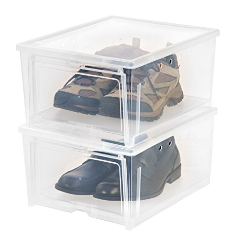 IRIS USA 2 Pack Shoe Storage Box, Clear Plastic Stackable Shoe Organizers for Closet, Space Saving Drop Front Sneaker Containers, Wide