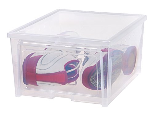 IRIS USA 2 Pack Shoe Storage Box, Clear Plastic Stackable Shoe Organizers for Closet, Space Saving Drop Front Sneaker Containers, Wide