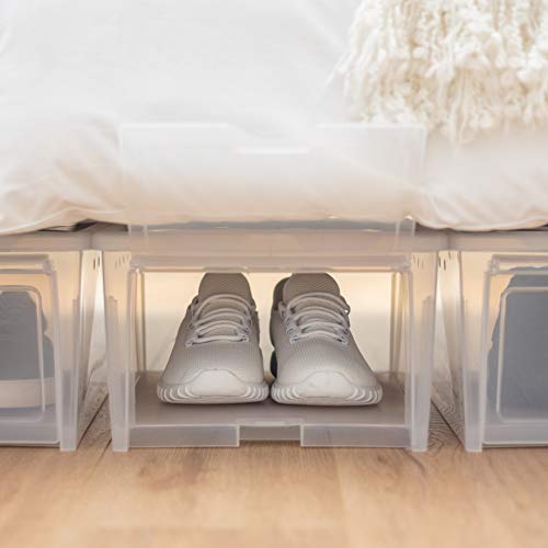 IRIS USA 2 Pack Shoe Storage Box, Clear Plastic Stackable Shoe Organizers for Closet, Space Saving Drop Front Sneaker Containers, Wide