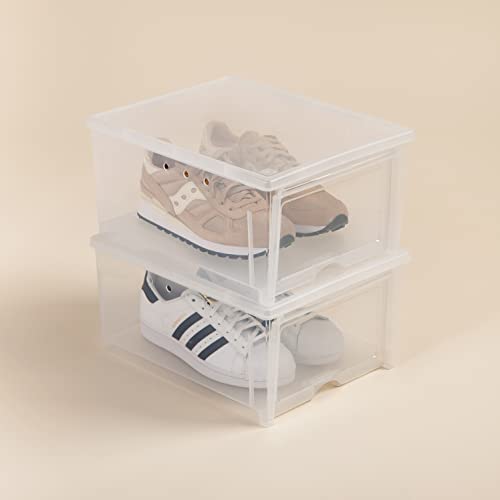 IRIS USA 2 Pack Shoe Storage Box, Clear Plastic Stackable Shoe Organizers for Closet, Space Saving Drop Front Sneaker Containers, Wide