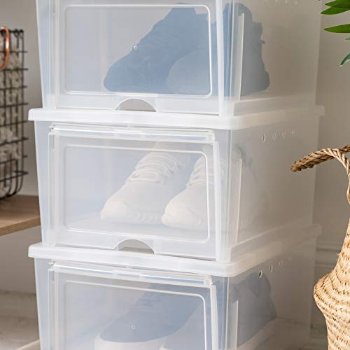 IRIS USA 2 Pack Shoe Storage Box, Clear Plastic Stackable Shoe Organizers for Closet, Space Saving Drop Front Sneaker Containers, Wide