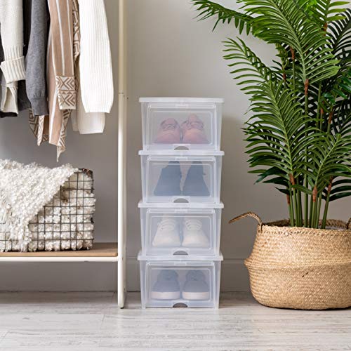 IRIS USA 2 Pack Shoe Storage Box, Clear Plastic Stackable Shoe Organizers for Closet, Space Saving Drop Front Sneaker Containers, Wide