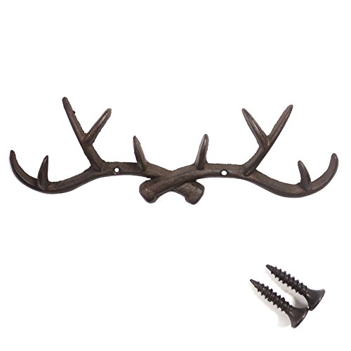 Chocolate 14 inch Vintage Rustic Cast Iron Deer Antlers Coat Rack Key Holder Jewellery Display Rack Bathroom Towels Hanger Rustic Cabin Hanger(with Screws)