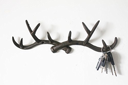 Chocolate 14 inch Vintage Rustic Cast Iron Deer Antlers Coat Rack Key Holder Jewellery Display Rack Bathroom Towels Hanger Rustic Cabin Hanger(with Screws)