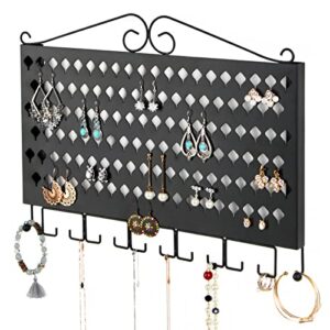 jackcubedesign wall mounted jewelry organizer, earring necklace bracelet holder display hanger with 117 holes & 12 hooks (black, 16.54 x 12.2 x 0.75 inches) - mk319a