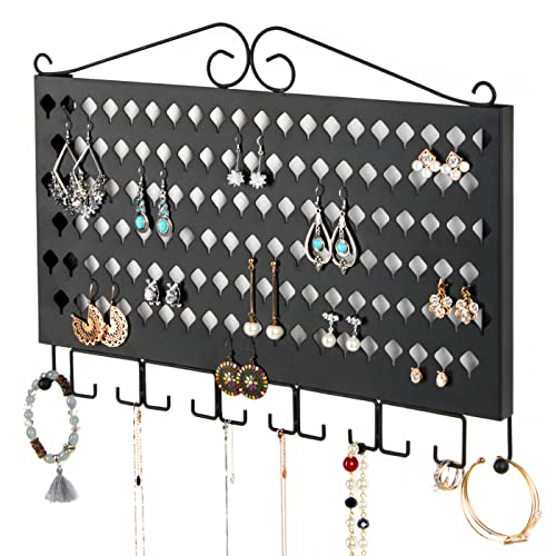 JackCubeDesign Wall Mounted Jewelry Organizer, Earring Necklace Bracelet Holder Display Hanger with 117 Holes & 12 Hooks (Black, 16.54 x 12.2 x 0.75 inches) - MK319A