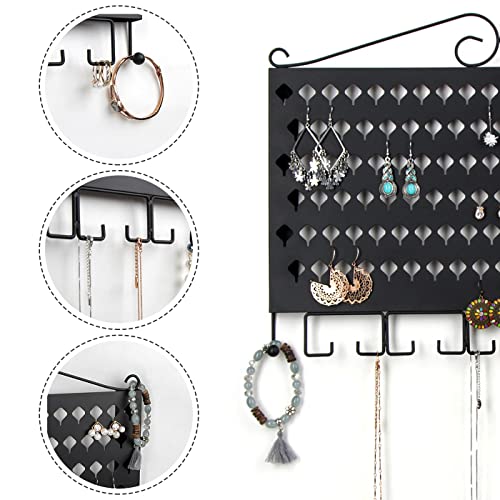 JackCubeDesign Wall Mounted Jewelry Organizer, Earring Necklace Bracelet Holder Display Hanger with 117 Holes & 12 Hooks (Black, 16.54 x 12.2 x 0.75 inches) - MK319A