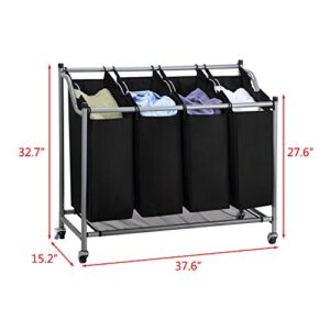 Laundry Sorter Cart 4-Bag Classics Rolling Laundry Hamper, Sturdy Frame with 60KG Weight Capacity, Black