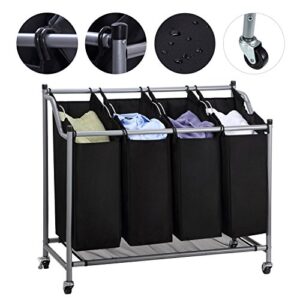 Laundry Sorter Cart 4-Bag Classics Rolling Laundry Hamper, Sturdy Frame with 60KG Weight Capacity, Black