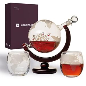 kemstood whiskey decanter set - etched world globe whiskey decanter sets for men with 2 glasses in gift box - whiskey gifts for men - home bar accessories for alcohol drinks- fathers day