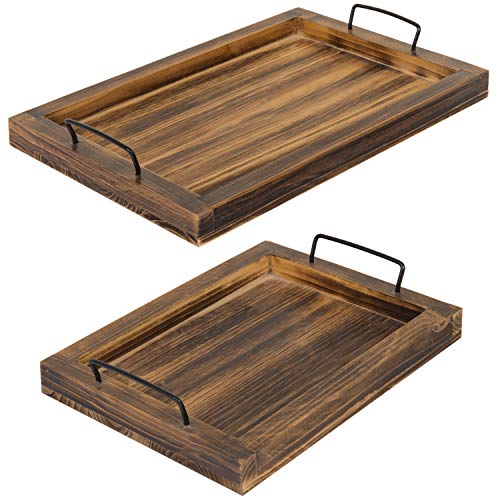 MyGift Rustic Burnt Wood Decorative Tray with Handles, Rectangular Breakfast Ottoman Serving Tray, Set of 2