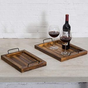 MyGift Rustic Burnt Wood Decorative Tray with Handles, Rectangular Breakfast Ottoman Serving Tray, Set of 2