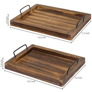 MyGift Rustic Burnt Wood Decorative Tray with Handles, Rectangular Breakfast Ottoman Serving Tray, Set of 2
