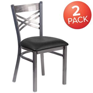 Flash Furniture 2 Pack HERCULES Series Clear Coated ''X'' Back Metal Restaurant Chair - Black Vinyl Seat